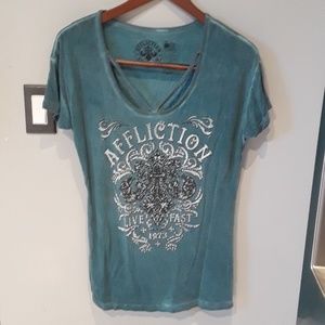 Affliction teal t shirt with chest strap detail